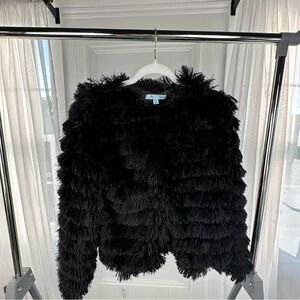 She + Sky black faux fur, S, hippy shag open front jacket, great condition